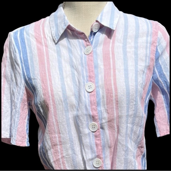 🌻Alexia Admor Blue Pink Linen Striped Button-Up Tie Short Sleeve Top Size 6 - Picture 3 of 11